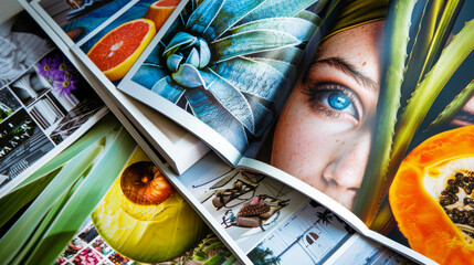 Montage of magazine spreads featuring eye-catching articles and popular content, suitable for advertising campaigns across various industries