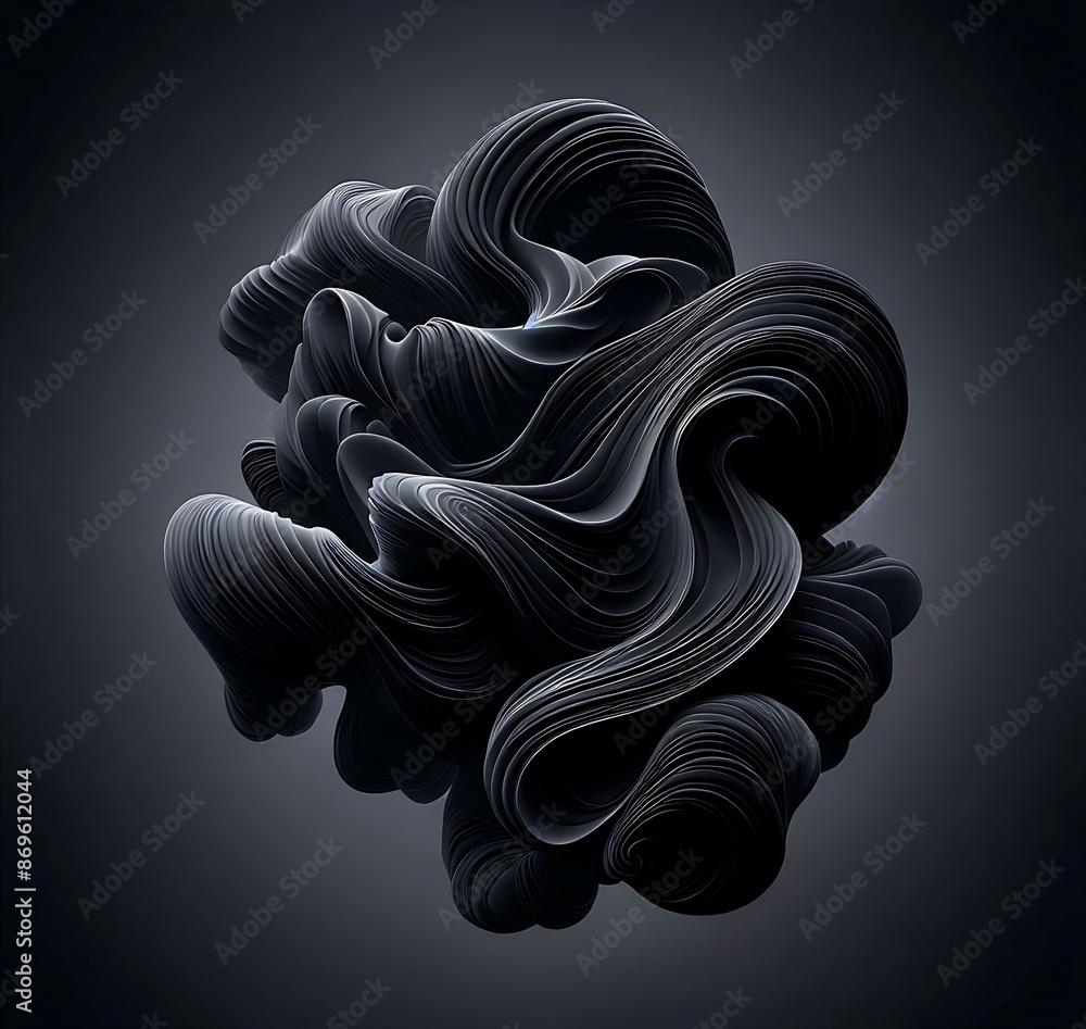 Poster a 3d rendering of a black abstract shape on a dark gray background.