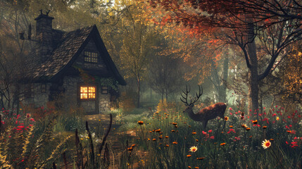 a mystical and magical forest, among the trees there is a small house, there are wild flowers and a deer in the garden.