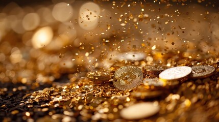 Golden Bitcoin coins with sparkling lights falling against dark background, representing opulence high value cryptocurrency, glittering elements wealth, luxury, digital financial revolution.