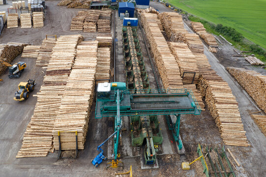 Sawmill with chopped wood logs stacked and machinery