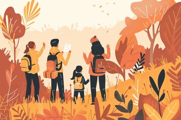 A family of four enjoys a scenic hike in the autumn woods, taking in the beautiful fall foliage.