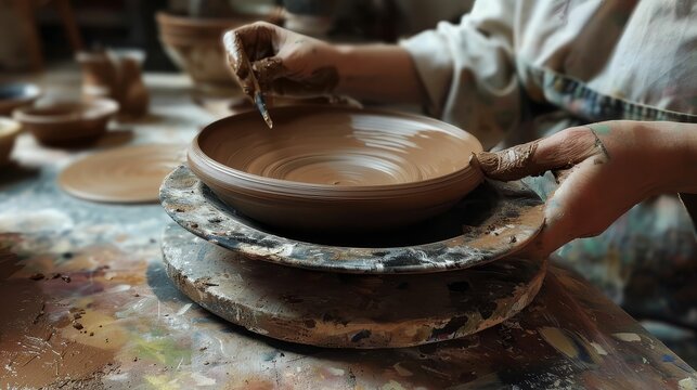 DIY home pottery session, creative and relaxing, soft earth tones, realistic painting