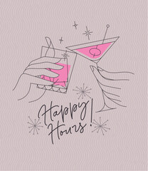 Poster clinking glasses with lettering happy hours drawing with color on pink background