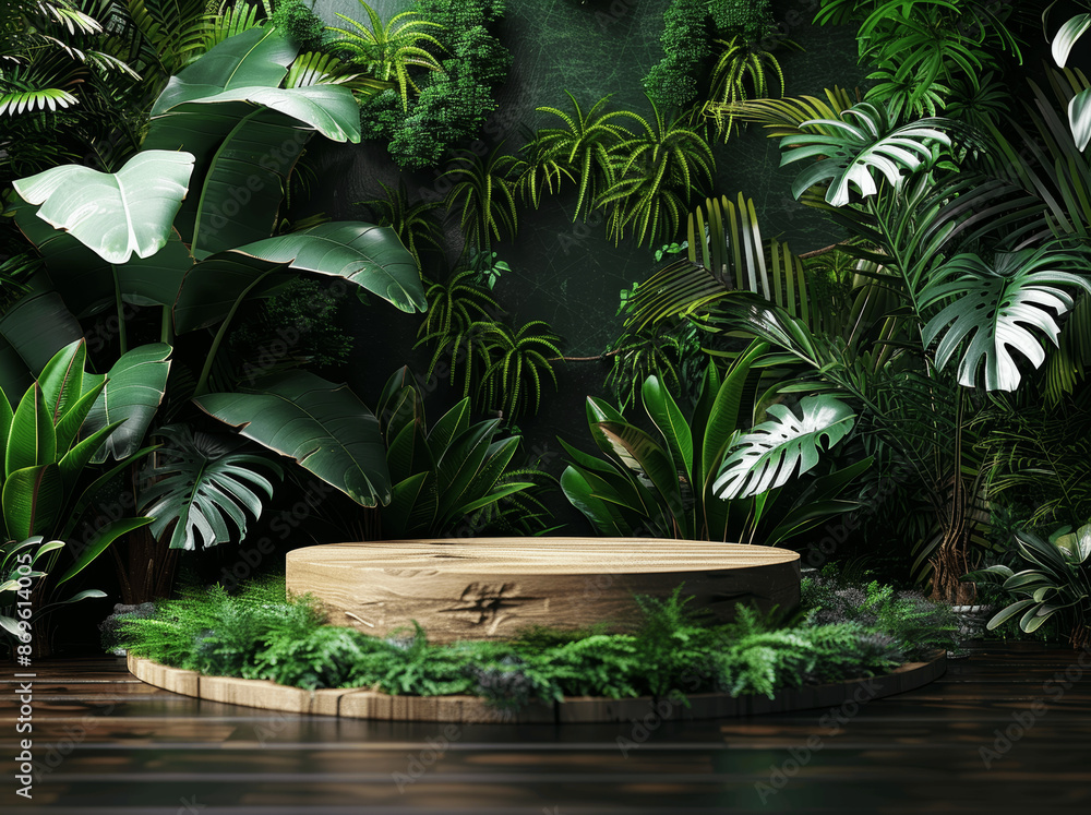 Poster 3d rendering of tropical leaves and grass background with wooden podium for product display in jungl