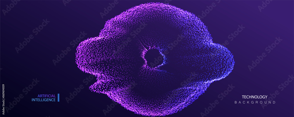 Poster technology ai particles banner. dots cosmos explosion big data neon background. artificial intellige