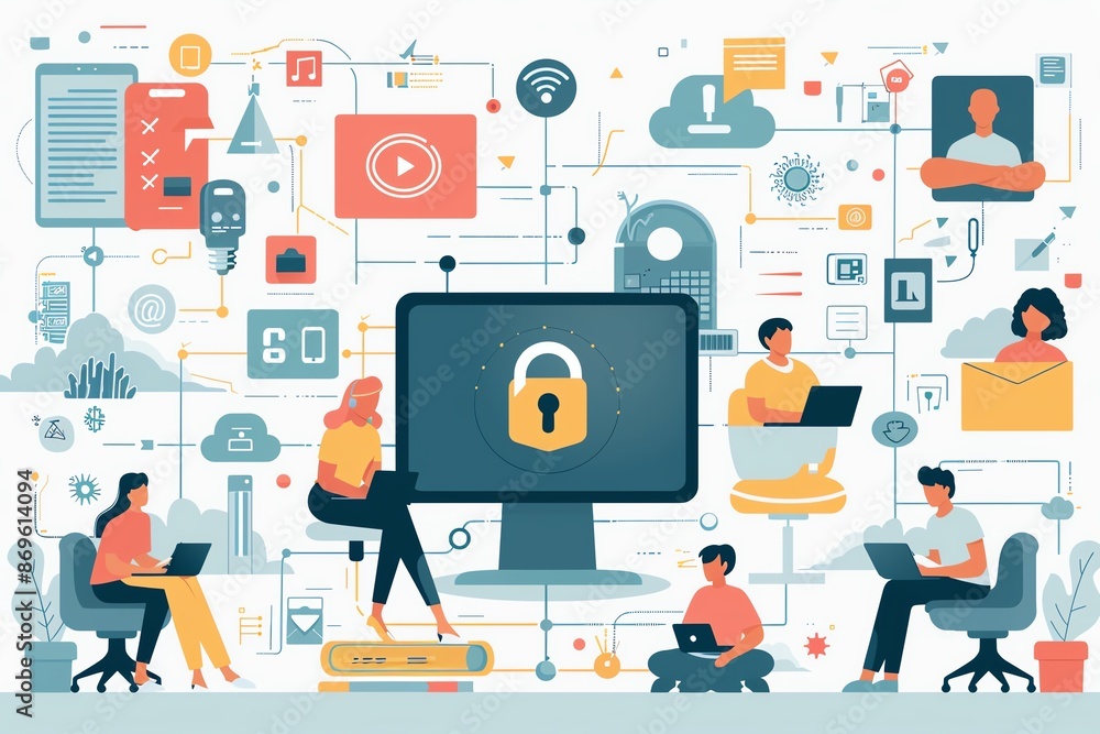 Poster a network of connected devices and people, with a large monitor displaying a padlock icon, represent