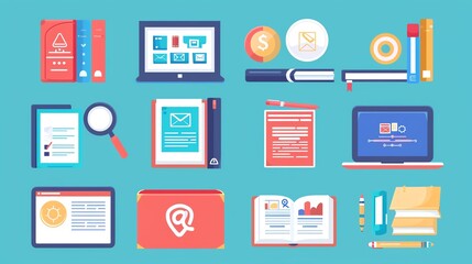 A set of colorful icons related to online education, research, and learning.