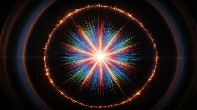 rainbow light center radial explosion isolated in blac background