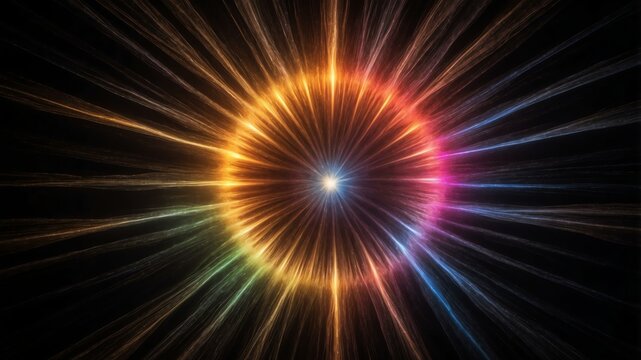 rainbow light center radial explosion isolated in blac background