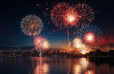 Colorful fireworks exploding over the city at night reflecting in water