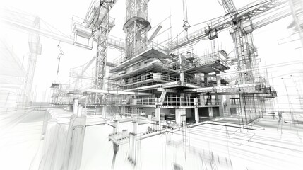 Obraz premium Construction insurance with busy building site, detailed architectural sketch, industrial tones