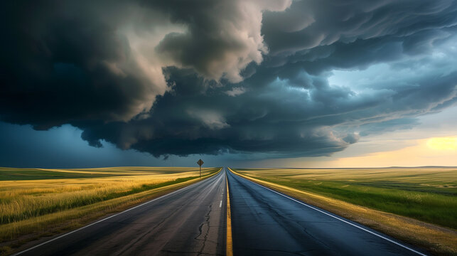 big storm forming over the road; concept of need solving troubles / problems on the way; rural contryside; empty asphalt with clouds and stormy horizon