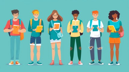 Fototapeta premium Diverse group of young people with backpacks and tablets, standing together.
