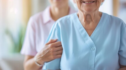 Obraz premium Close up of an elderly woman being assisted by a caregiver in a home setting.