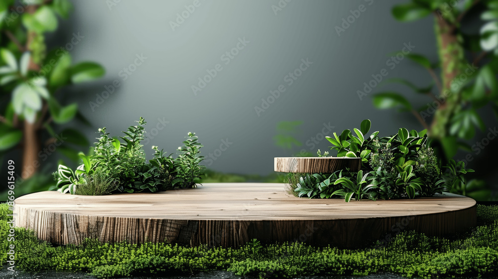 Poster 3d rendering of wooden podium with green plants on grass background for minimal product display pres