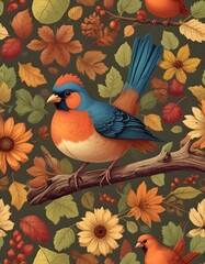 A beautiful colourful sparrow is sitting onto a branch besides it a lot of food and leafs