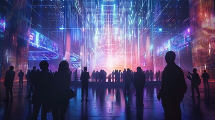 Business seminar with holographic data displays, attendees in light-infused hall, futuristic digital illustration