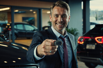 Car salesman holding new car key smiling at dealership