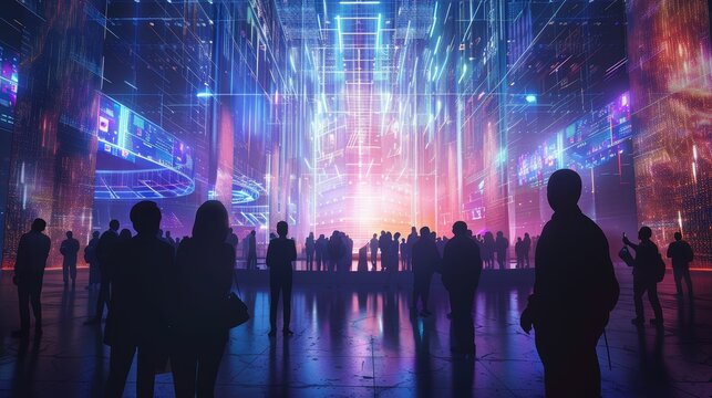 Business seminar with holographic data displays, attendees in light-infused hall, futuristic digital illustration