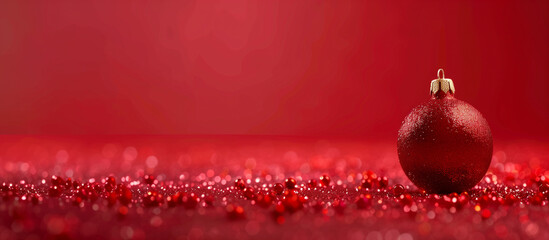 minimalistic red christmas background with one bauble; christmas decorations background.; xmas tree ball; simple holiday festive widescreen backdrop