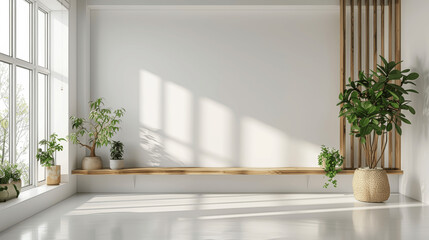 Minimalist Living Room with Wooden Bench and Plants, White Wall Mockup, Bright Natural Light, Modern Interior Design