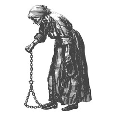 Fototapeta premium senior citizen woman slave with shackle in engraving style