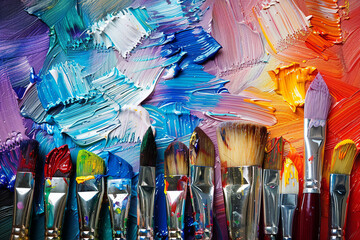 Artistic paintbrushes and palette knifes on an old wooden palette, acrylic or gouache painting. Fill red color on canvas. Painting red strokes on canvas