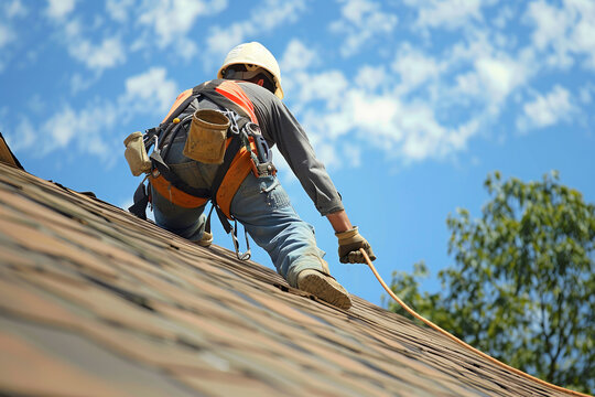 Construction worker wearing safety harness and safety line working on scaffolding at new house under construction.
