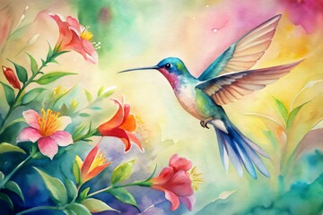 Colorful Hummingbird Tropical Flowers Watercolor Art