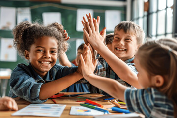 Excited children and teacher high-fiving in bright classroom celebrating teamwork and creativity