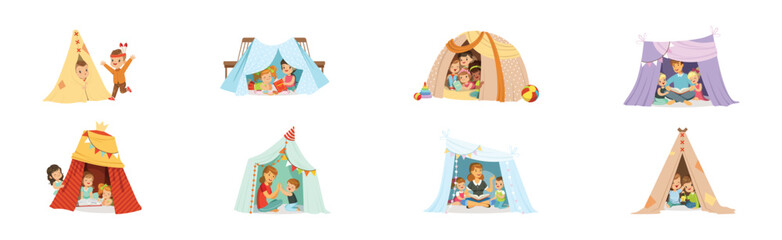 Cute Little Children Playing with Teepee Tent Vector Set © topvectors