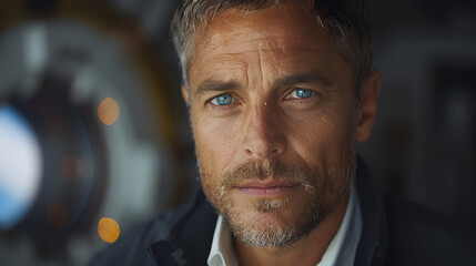 Fototapeta premium Close-up portrait of a serious middle-aged man with striking blue eyes, featuring a blurred background that adds depth to the image