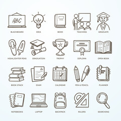 School icon set. Collection of 20 school and student icons, perfect for learning apps and personal digital planners for students. Cute hand-drawn vector icons.
