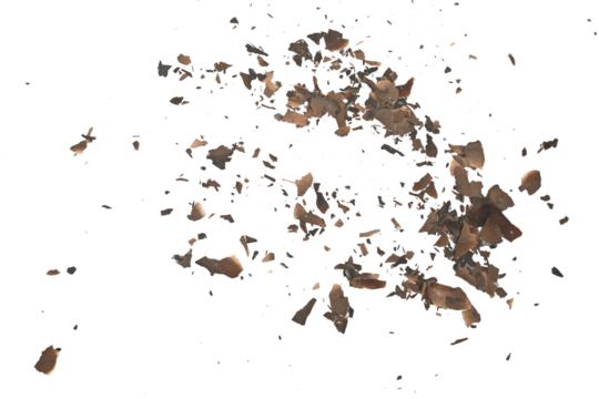 Burned, charred paper scraps flying isolated on white background, top view