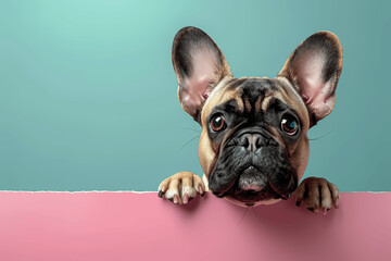 Cute French Bulldog Peeking Over Pastel Pink Background Teal Minimalistic Style Clean Photography