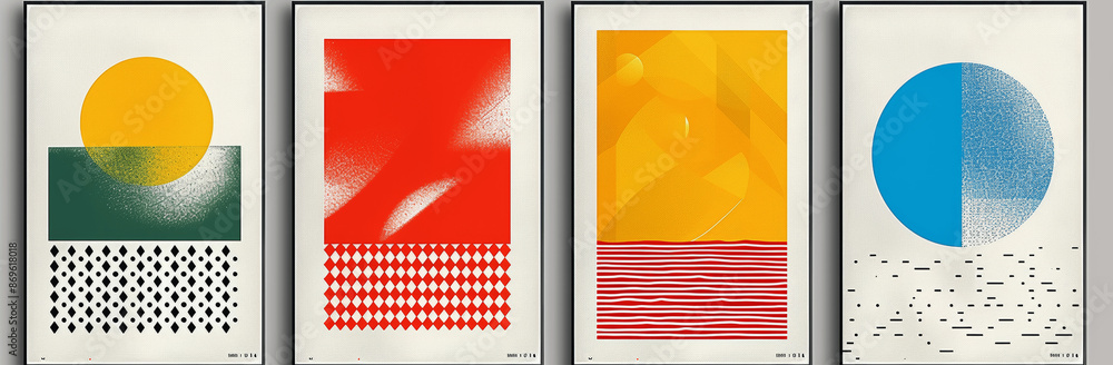 Poster minimal retro geometric pattern posters with bauhaus design elements circles triangles squares in ye