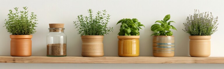 Fresh herbs like basil, thyme, and lavender grow in pots on a wooden shelf, adding nature's touch to your home. Perfect for cooking or decoration, these aromatic plants bring freshness indoors