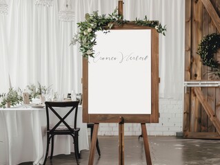 a large oversized white blank welcome sign resting on a wooden easel, inside a wedding venue