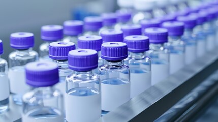 Medical vials on production line at pharmaceutical factory, Pharmaceutical machine working pharmaceutical glass bottles production line