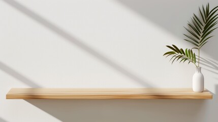 Minimalist wooden table counter with natural grain, bathed in sunlight, casting shadows on a white wall, perfect for displaying luxury cosmetics, skincare, or beauty products