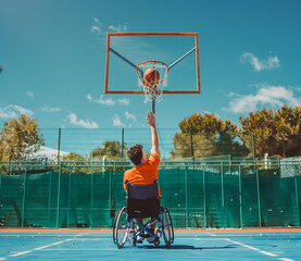 Jeune homme en fauteuil roulant jouant au basketball