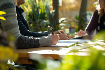 Outdoor Group Meeting in Sunlit Garden with Focus on Casual Handwriting