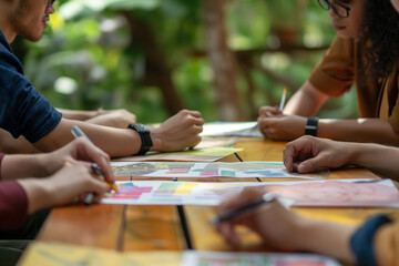 Obraz premium Creative Team Brainstorming Session in Outdoor Workspace with Focus on Collaborative Art Projects