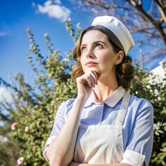 A nurse wearing an apron and stethoscope. face reaction thinking on a natural background. beautiful woman