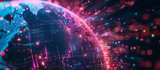 Obraz premium Digital world globe, business network, data network, concept of global network and connectivity, cyber technology, information exchange, high speed data transfer.