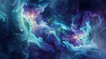 Fototapeta premium Euphoric dance of ultraviolet waves and serene jade tones captured in stunning HD clarity, resembling a liquid dreamscape.