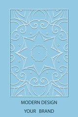 Book cover design, decorative vertical template. Blue satin background with geometric stained glass pattern in frame. Place for text. Ethnic ornaments of the East, Asia, India, Mexico, Aztec, Peru.