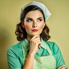 A nurse wearing an apron and stethoscope. face reaction thinking on solid background. beautiful woman