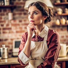 A nurse wearing an apron and stethoscope. face reaction thinking on a solid background. beautiful woman